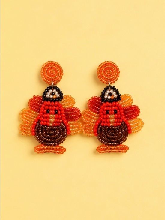 None Jewelry - Cute Turkey Seed Beaded Lightweight Turkey Thanksgiving Earring